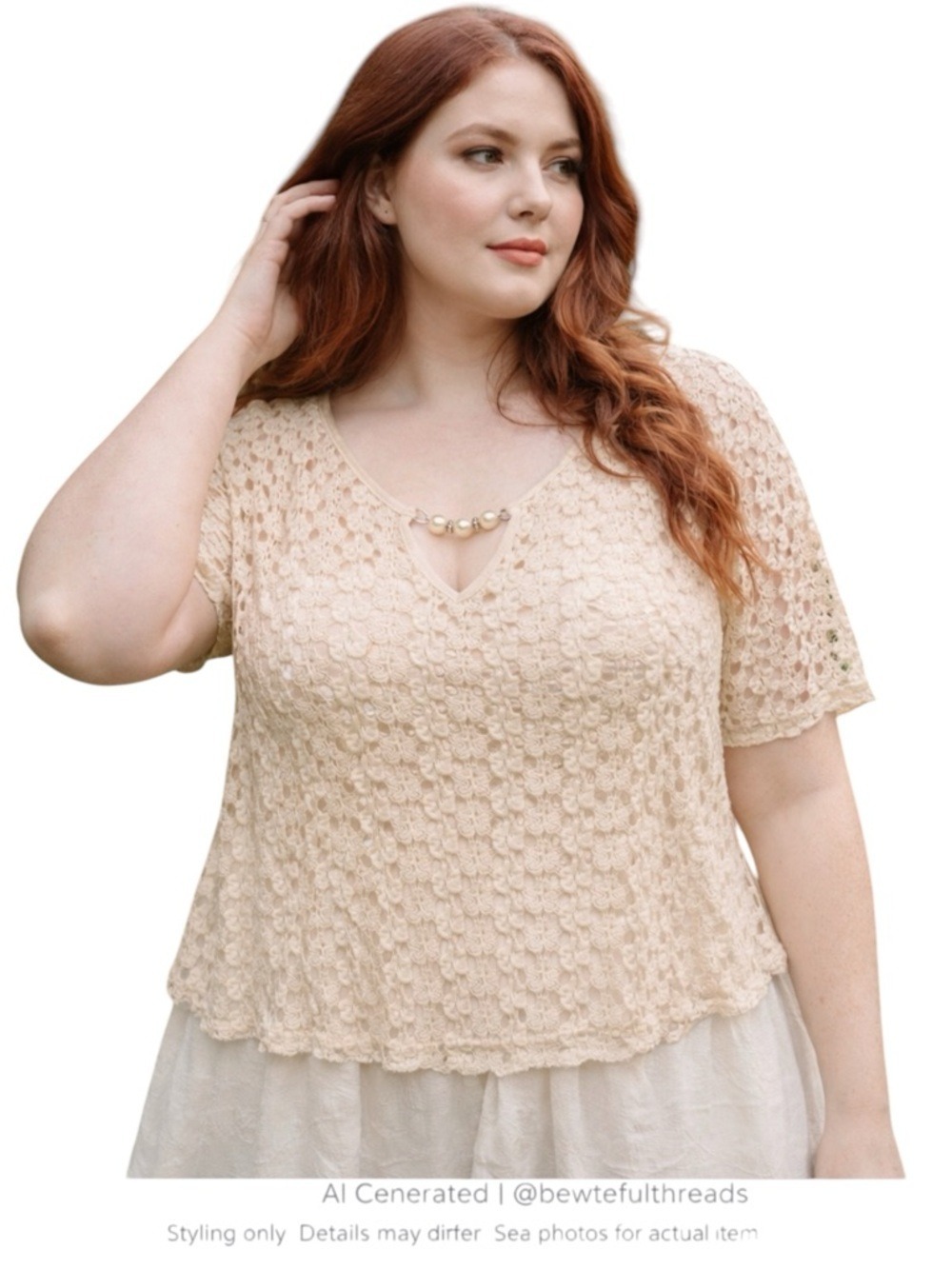 Cream Lace Overlay Pearl Neck Top Romantic Cottagecore Blouse 2X